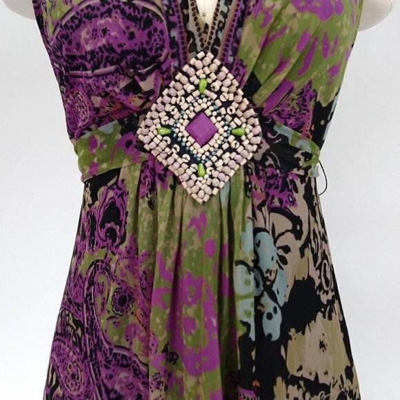 Vintage 90's ICE Mesh Floral Fit & Flare Dress Size 6 Beaded Boho Medallion - Picture 3 of 11